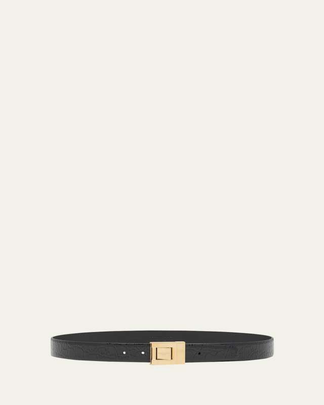 Center Buckle Croc-Embossed Leather Belt
